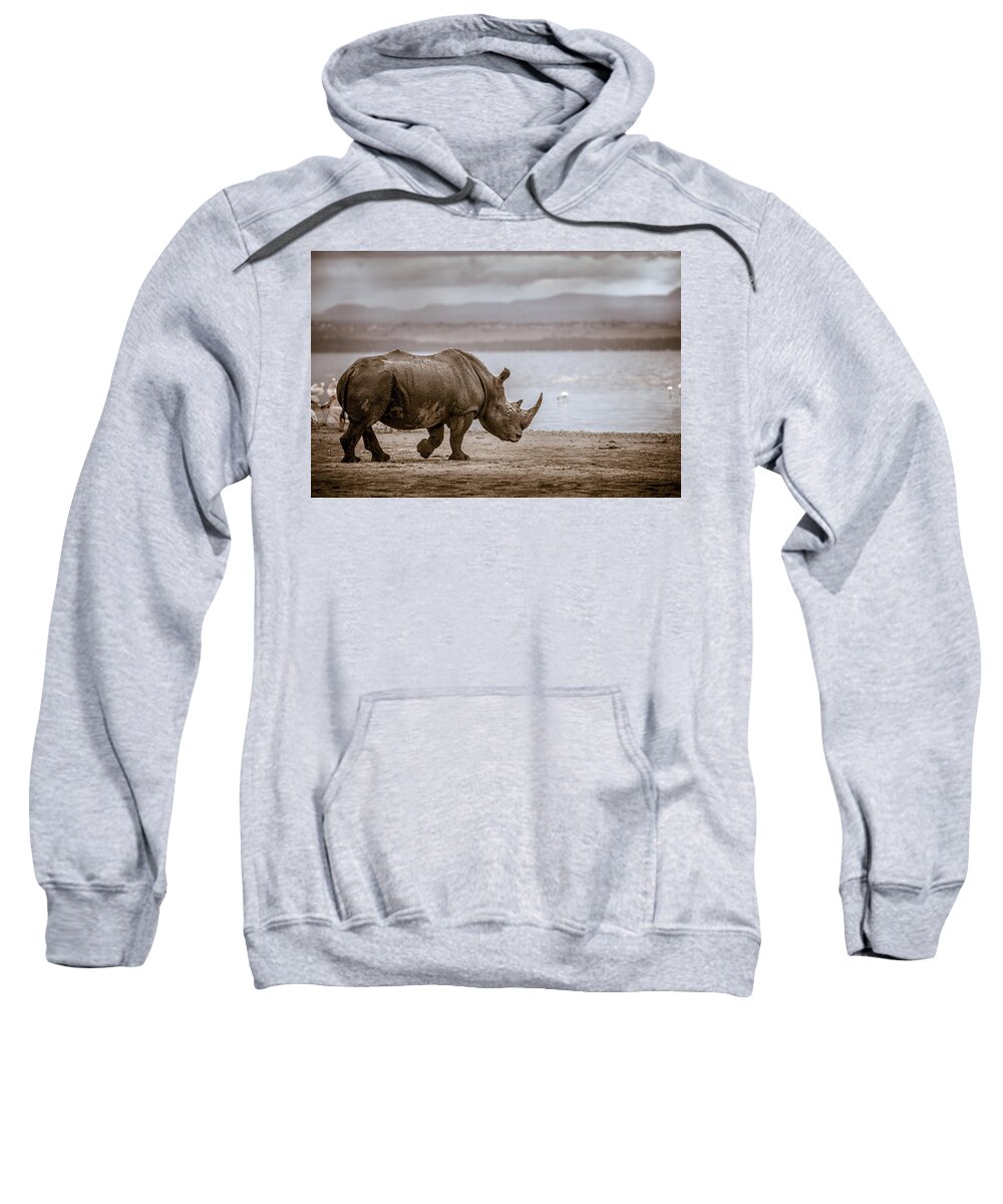 #faatoppicks Sweatshirt featuring the photograph Vintage Rhino On The Shore by Mike Gaudaur