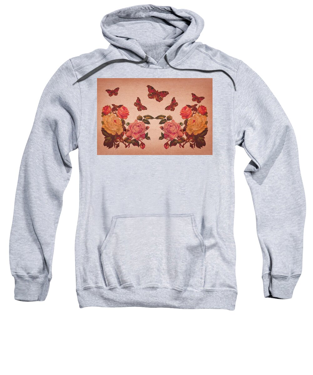 Vintage Flowers Sweatshirt featuring the digital art Vintage Roses and Butterflies by Peggy Collins