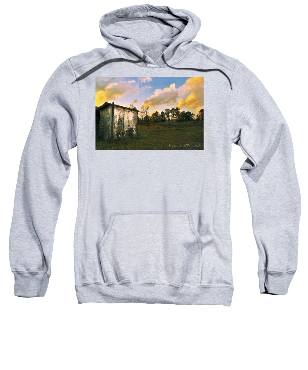 Rose Gold Clouds Sweatshirt featuring the digital art Old Well House And Rose Gold Clouds by Pamela Smale Williams
