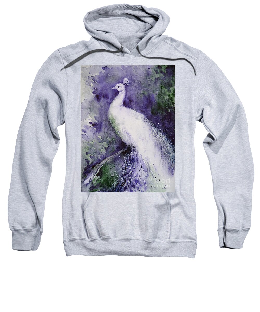 Peafowl Sweatshirt featuring the painting White Peacock by Zaira Dzhaubaeva