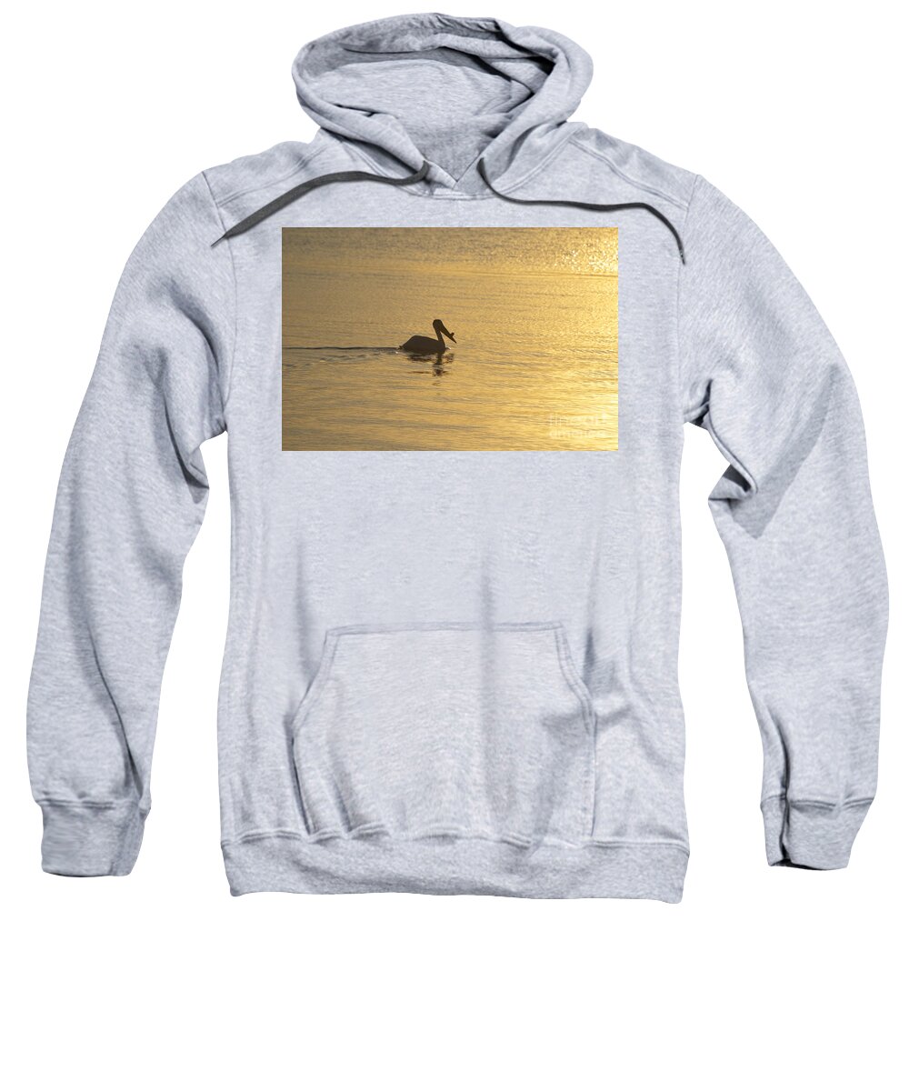 White Sweatshirt featuring the photograph White Pelican on Golden Lake by Joan Wallner