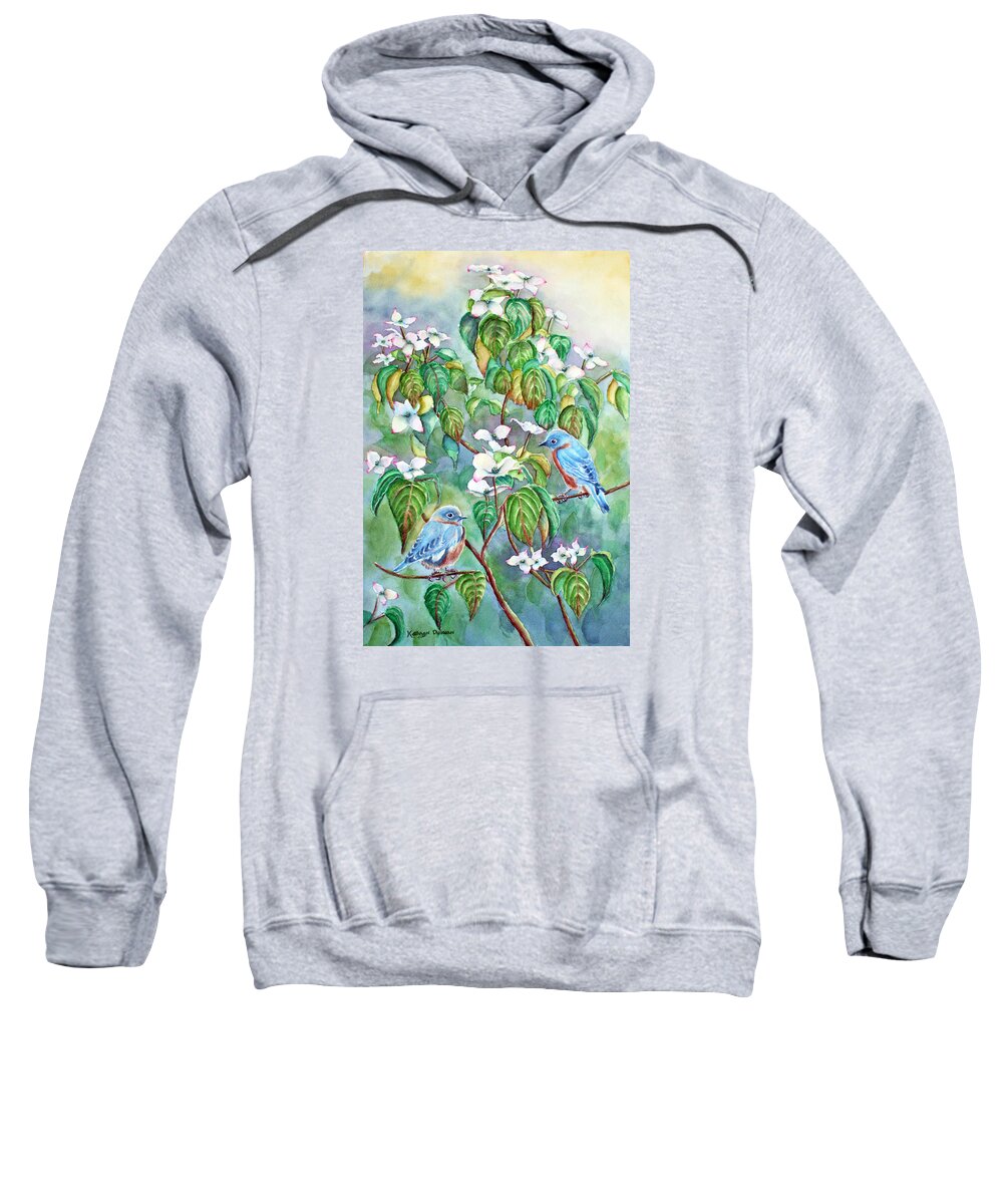 Wild Birds Sweatshirt featuring the painting Wild Blues in White Dogwood by Kathryn Duncan