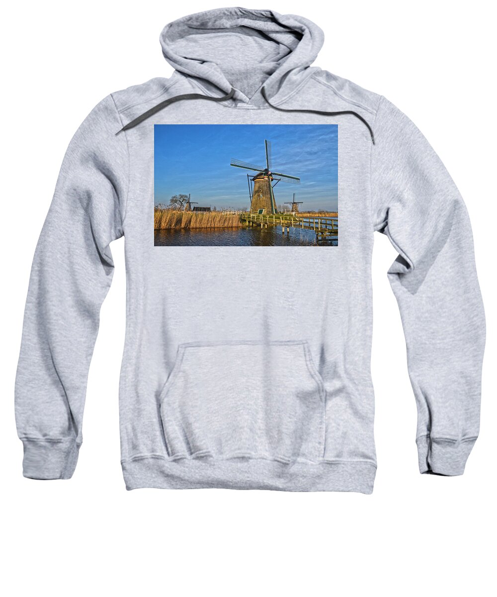 Windmills Sweatshirt featuring the photograph Windmills And Bridge Near Kinderdijk by Frans Blok
