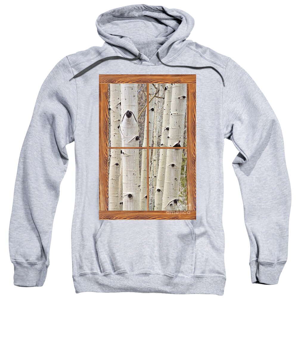 Trees Sweatshirt featuring the photograph Winter Aspen Tree View Through a Barn Wood Picture Window Frame by James BO Insogna