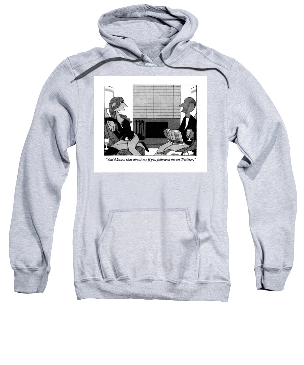 Couples Sweatshirt featuring the drawing Woman On Couch Says To Man Who Is Reading by William Haefeli