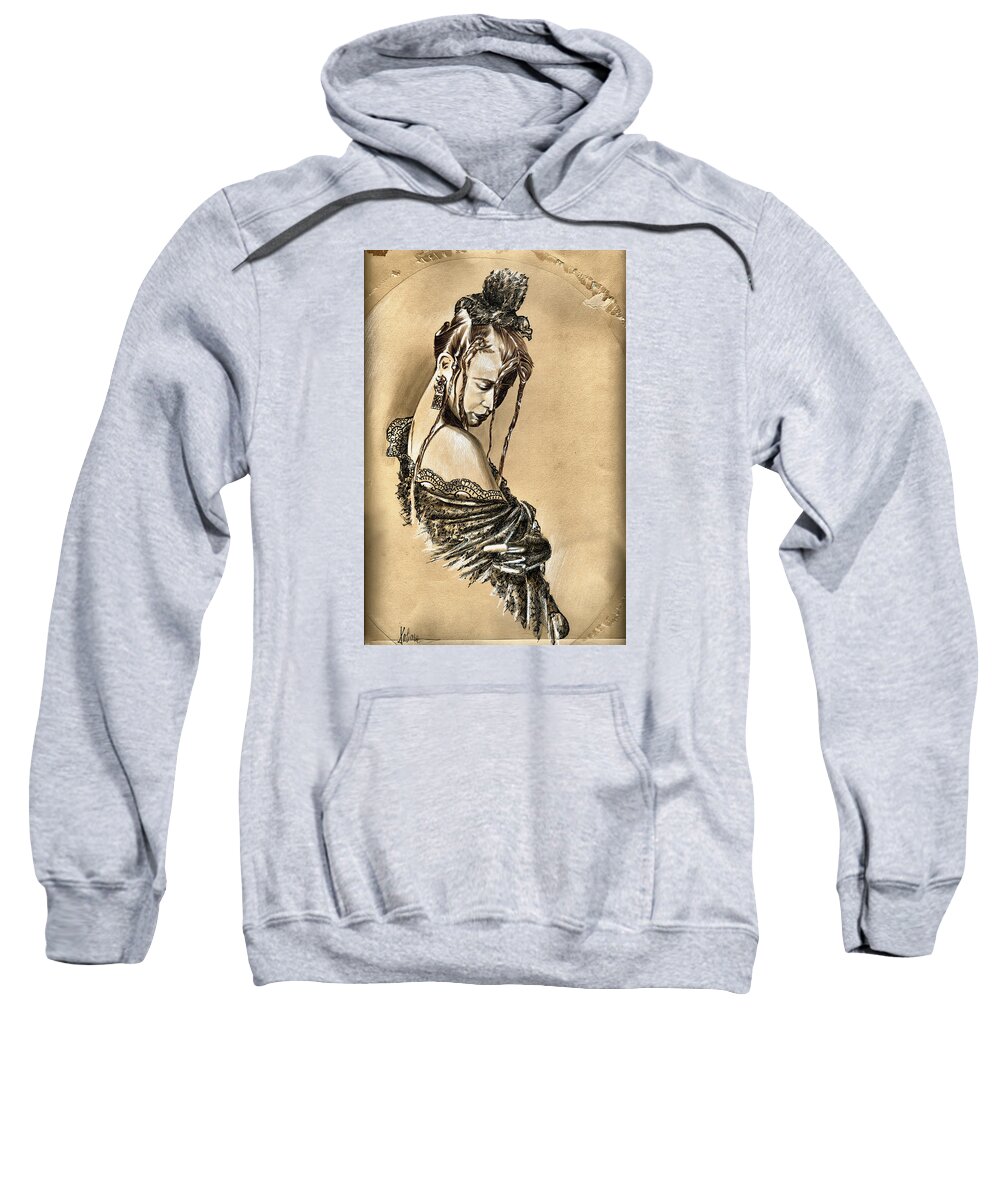 Portrait In Ink Sweatshirt featuring the drawing Woman portrait - After the Party by Daliana Pacuraru