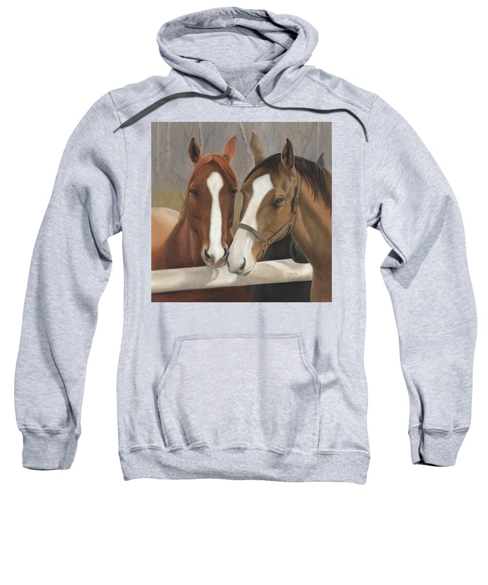 Horses Showing Affection Over The Fence Sweatshirt featuring the painting Courtship by Tammy Taylor