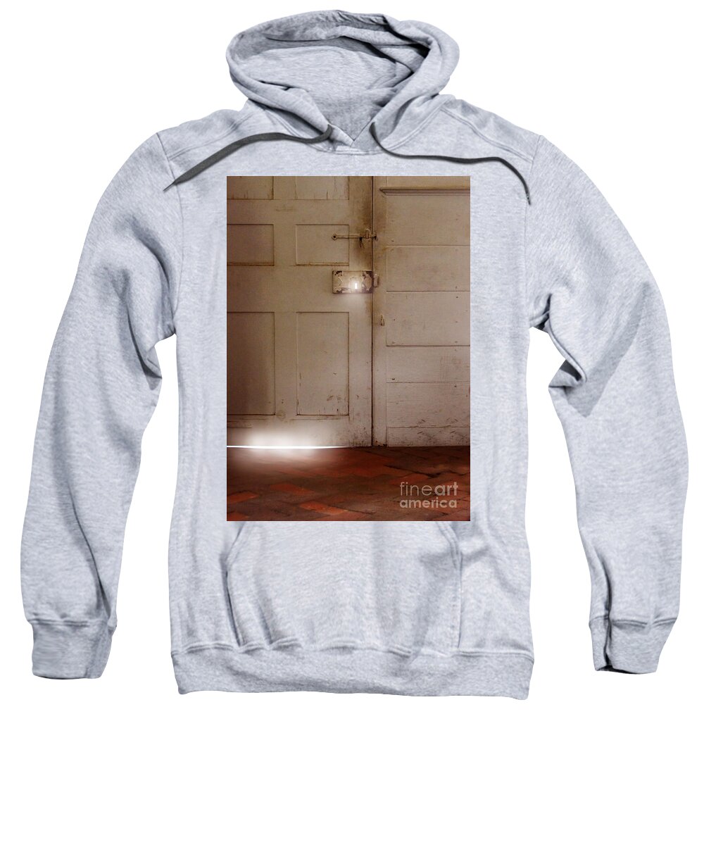 Dark Sweatshirt featuring the photograph Dirty Old Door with Brick Floor by Jill Battaglia
