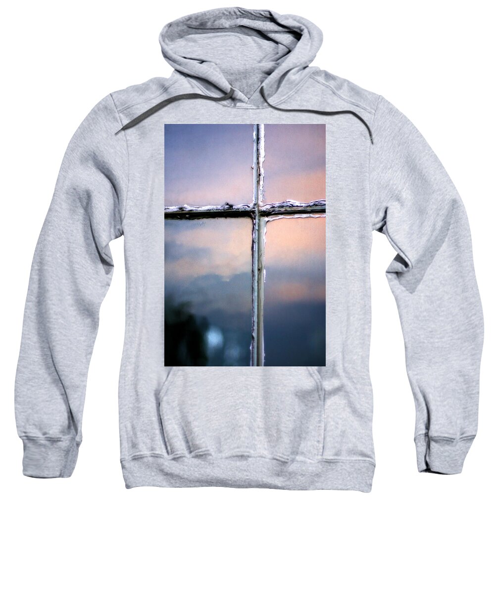 Blue Sweatshirt featuring the photograph Empty Cross on the Window of an Old Church by Angela Rath