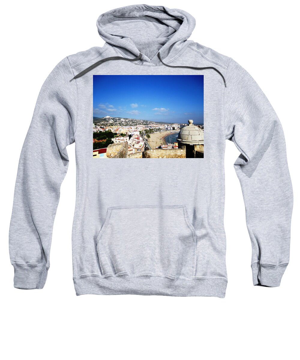 Peniscola Sweatshirt featuring the photograph Peniscola Beach Castle Sea View At the Mediterranean Water Front Homes in Spain by John Shiron