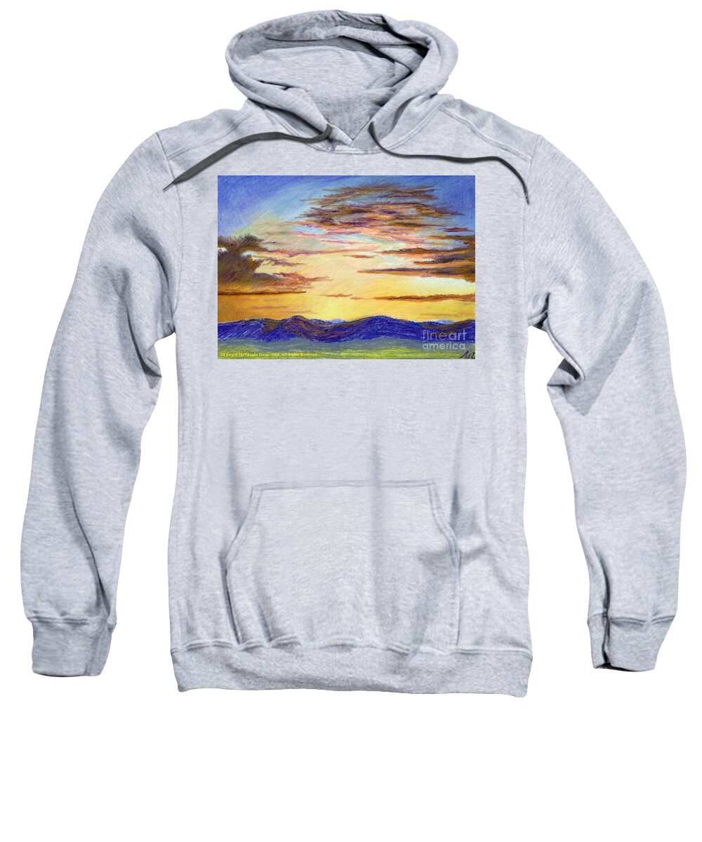 Spiritual Light Sunset Over Preseli Mountains Sweatshirt featuring the pastel Spiritual Light Sunset Over Presili Mountains Oil Pastel Painting by Edward McNaught-Davis
