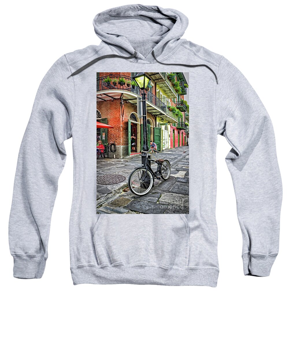 Bike Sweatshirt featuring the photograph Bike and Lamppost in Pirate's Alley by Kathleen K Parker