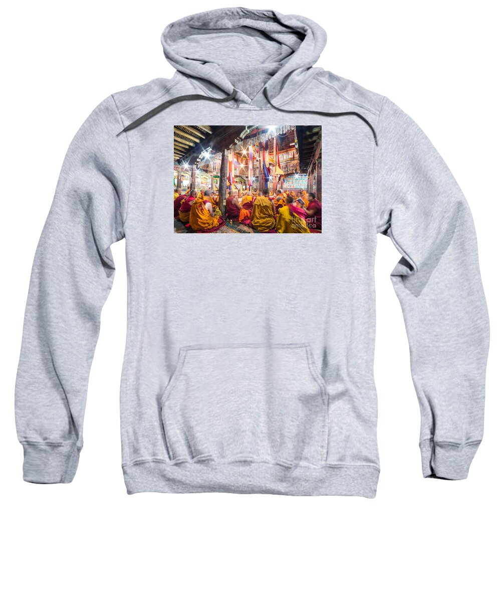 Buddhism Sweatshirt featuring the photograph Buddhist monks praying in Thiksay monastery #1 by Didier Marti