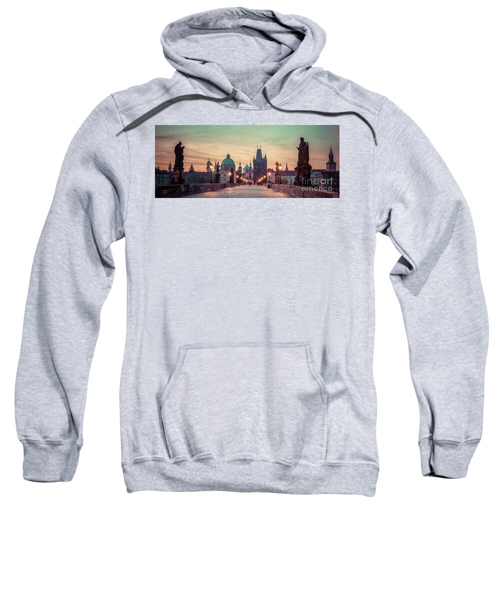 Prague Sweatshirt featuring the photograph Charles Bridge at sunrise, Prague, Czech Republic. Dramatic statues and medieval towers. #1 by Michal Bednarek