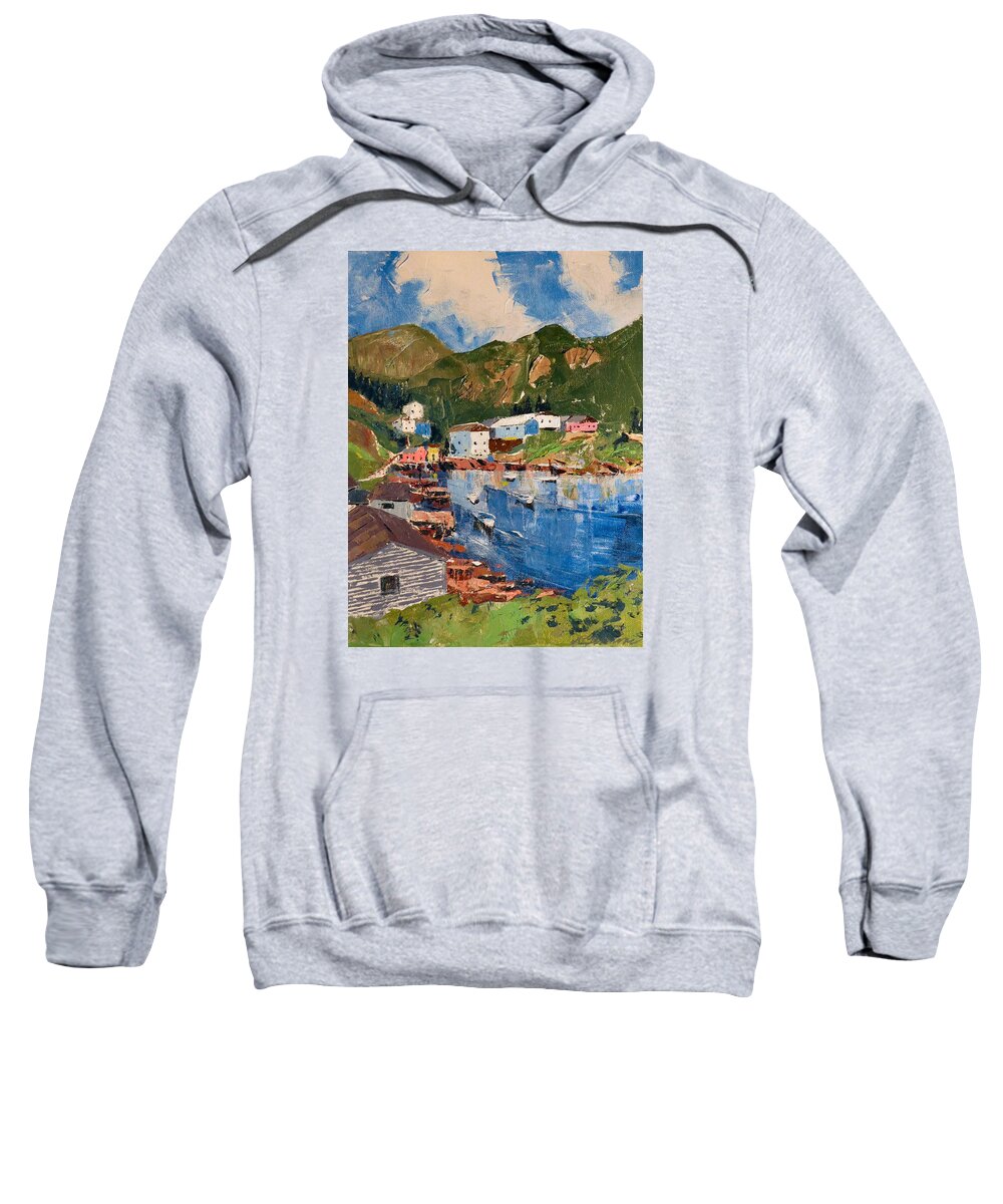 Coastal Village Sweatshirt featuring the painting Coastal Village, Newfoundland #1 by David Gilmore