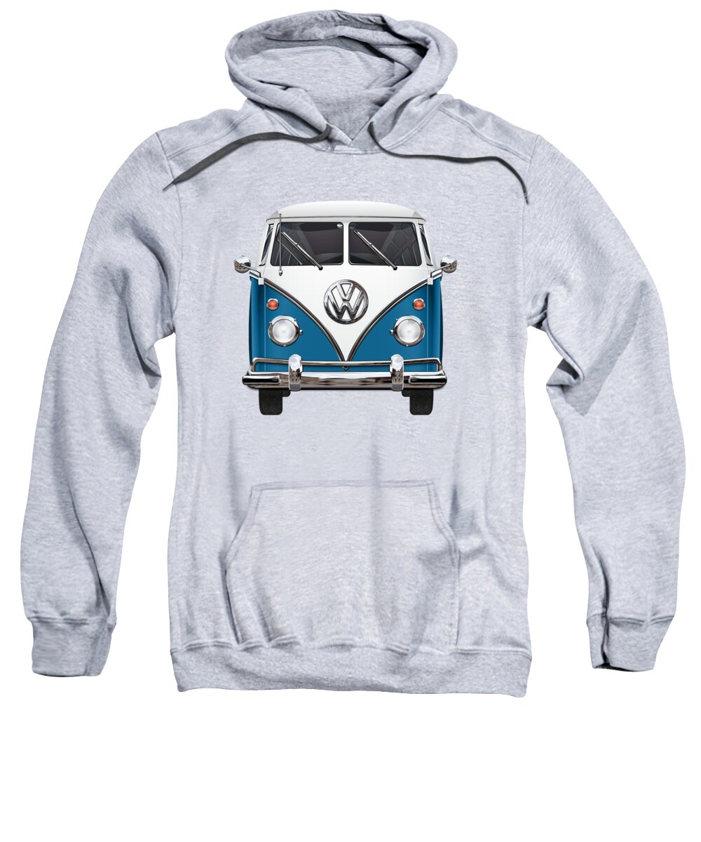 'volkswagen Type 2' Collection By Serge Averbukh Sweatshirt featuring the photograph Volkswagen Type 2 - Blue and White Volkswagen T 1 Samba Bus over Orange Canvas by Serge Averbukh