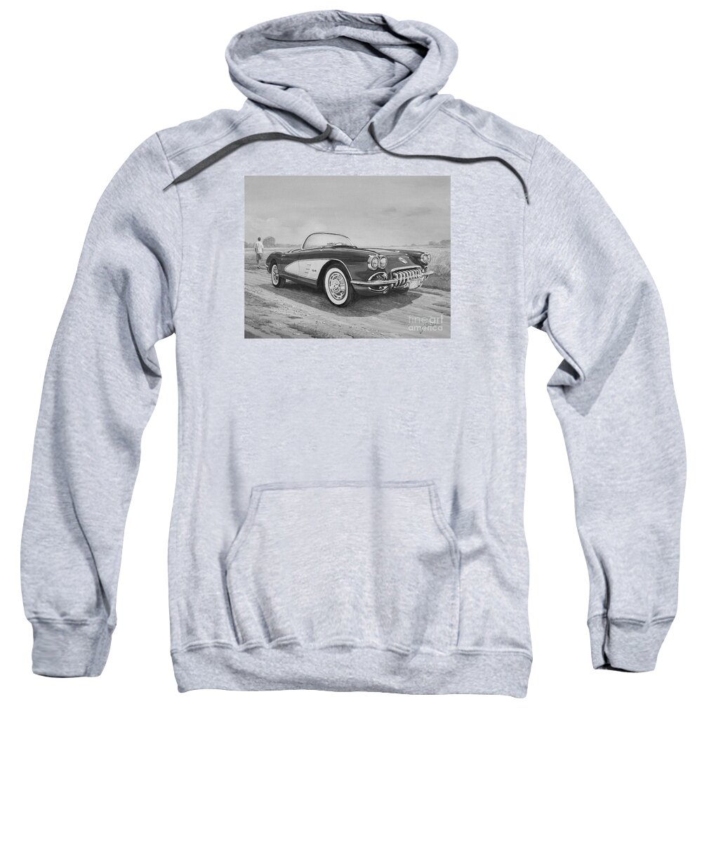 Vintage Sweatshirt featuring the painting 1959 Chevrolet Corvette Cabriolet In Black and White by Sinisa Saratlic