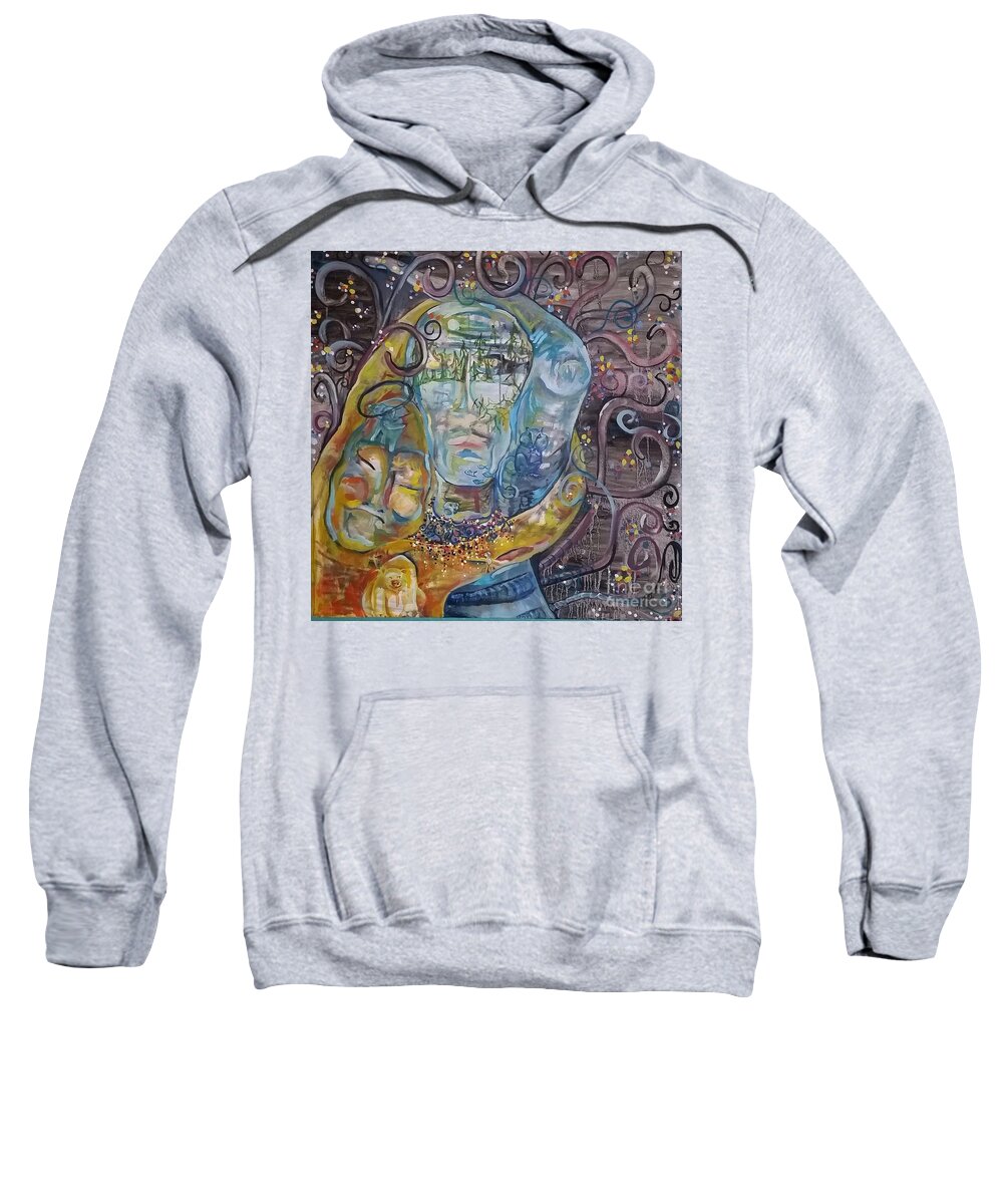 Environment Sweatshirt featuring the painting 2 Angels hugging Environmental Warrior Goddess by Carol Rashawnna Williams