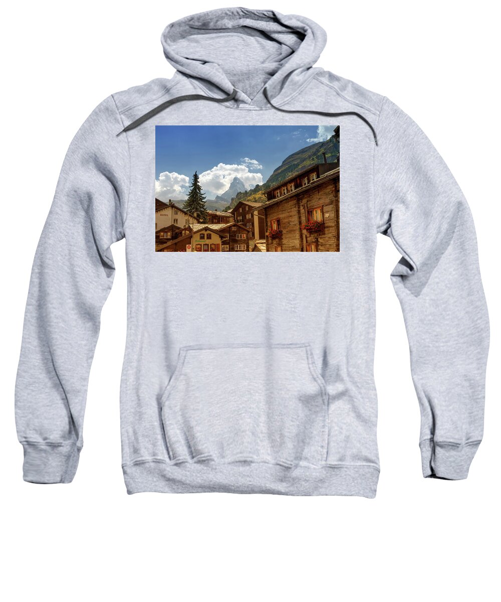 Matterhorn Sweatshirt featuring the photograph Matterhorn and Zermatt village houses, Switzerland #2 by Elenarts - Elena Duvernay photo