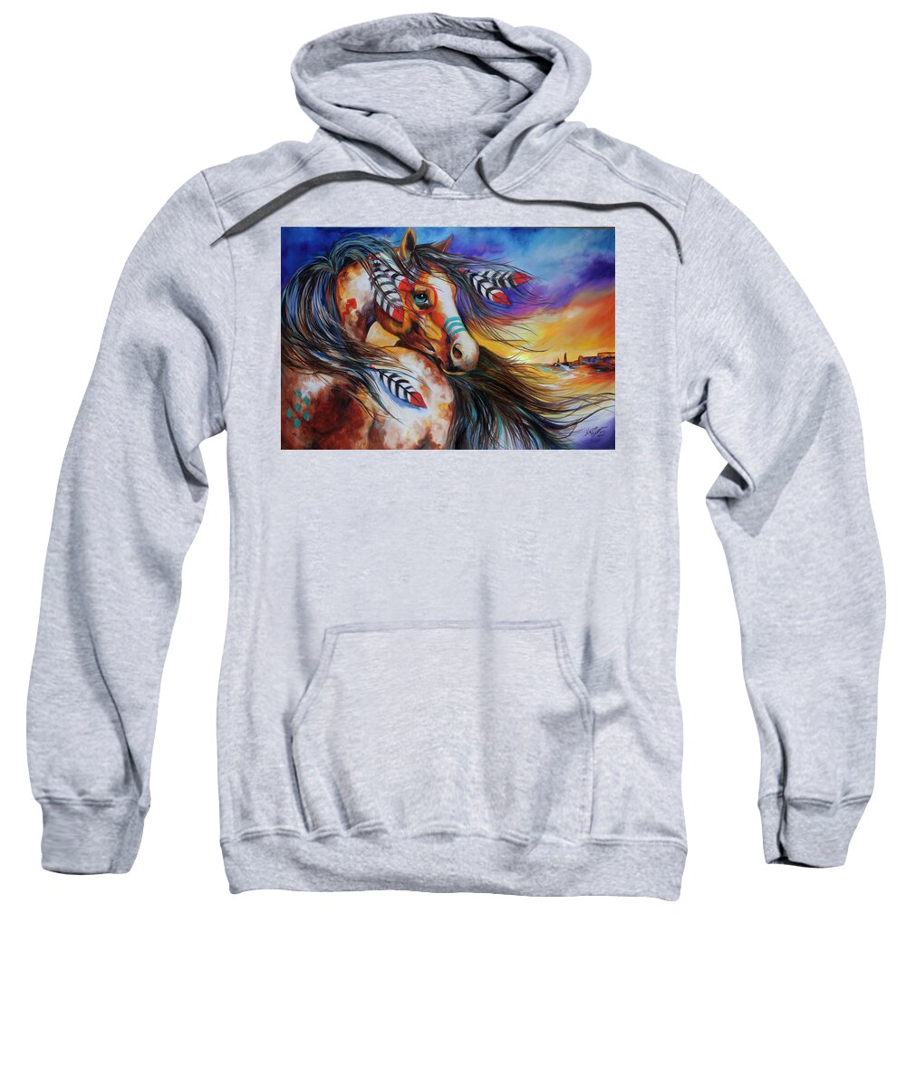 Indian Sweatshirt featuring the painting 5 Feathers Indian War Horse by Marcia Baldwin