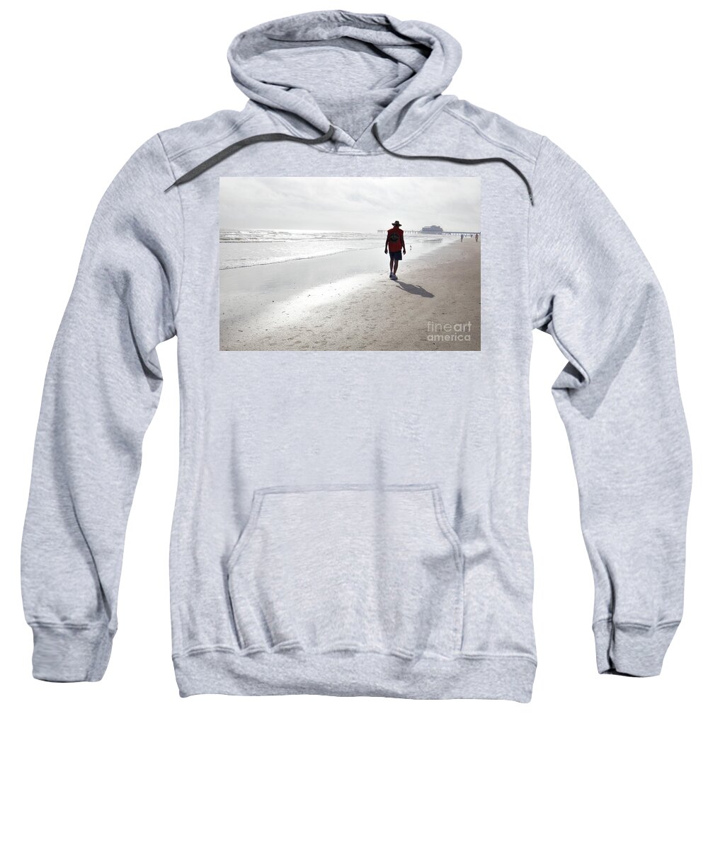 A Beach Walker And His Shadow Sweatshirt featuring the photograph A Beach Walker And His Shadow by Felix Lai