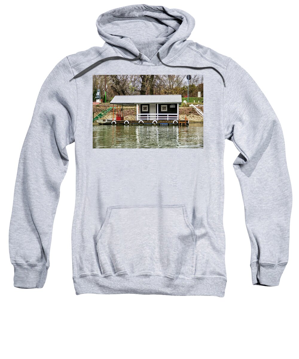 Raft Sweatshirt featuring the photograph A raft house moored to the shoreline of Ada Medjica Islet by Bratislav Braca Stefanovic