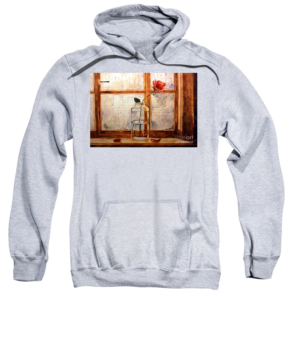 Rose Sweatshirt featuring the painting A rose in a glass jar on a rainy day by Christopher Shellhammer