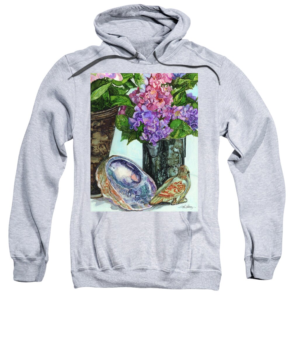 Abalone Sweatshirt featuring the painting Abalone, Hydrangea and Bird by Vicki Baun Barry