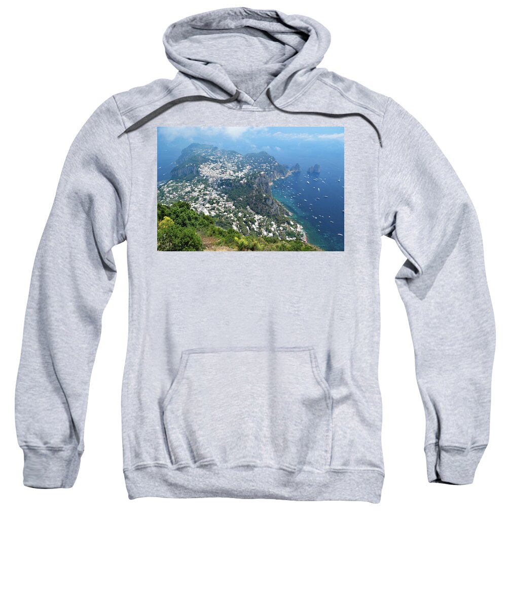 Above Sweatshirt featuring the photograph Aerial view of Capri Island towards Marina Piccola and Faraglioni, from Monte Solaro, Anacapri. Capr by Mihaela Nica