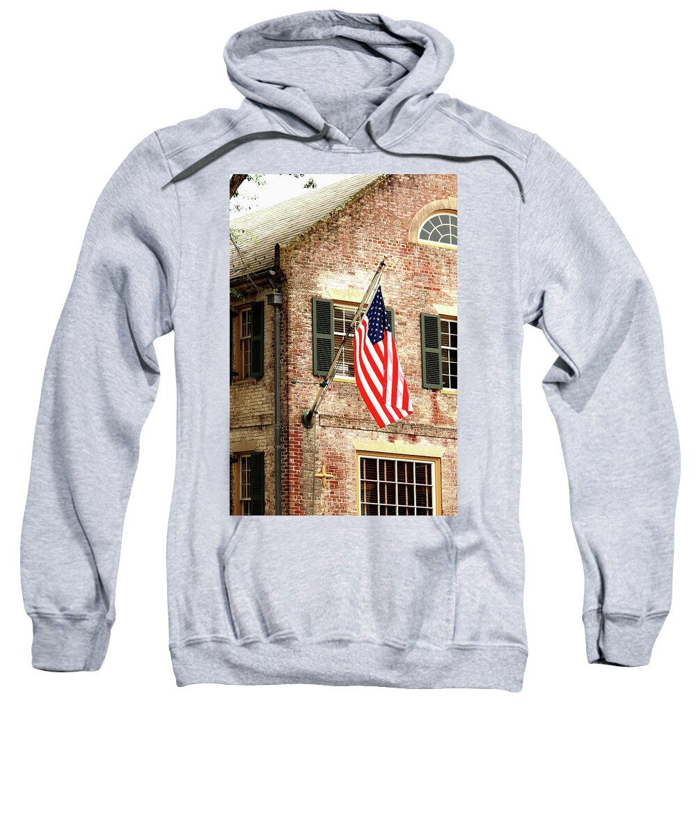 Williamsburg Sweatshirt featuring the photograph American flag in Colonial Williamsburg by Emanuel Tanjala