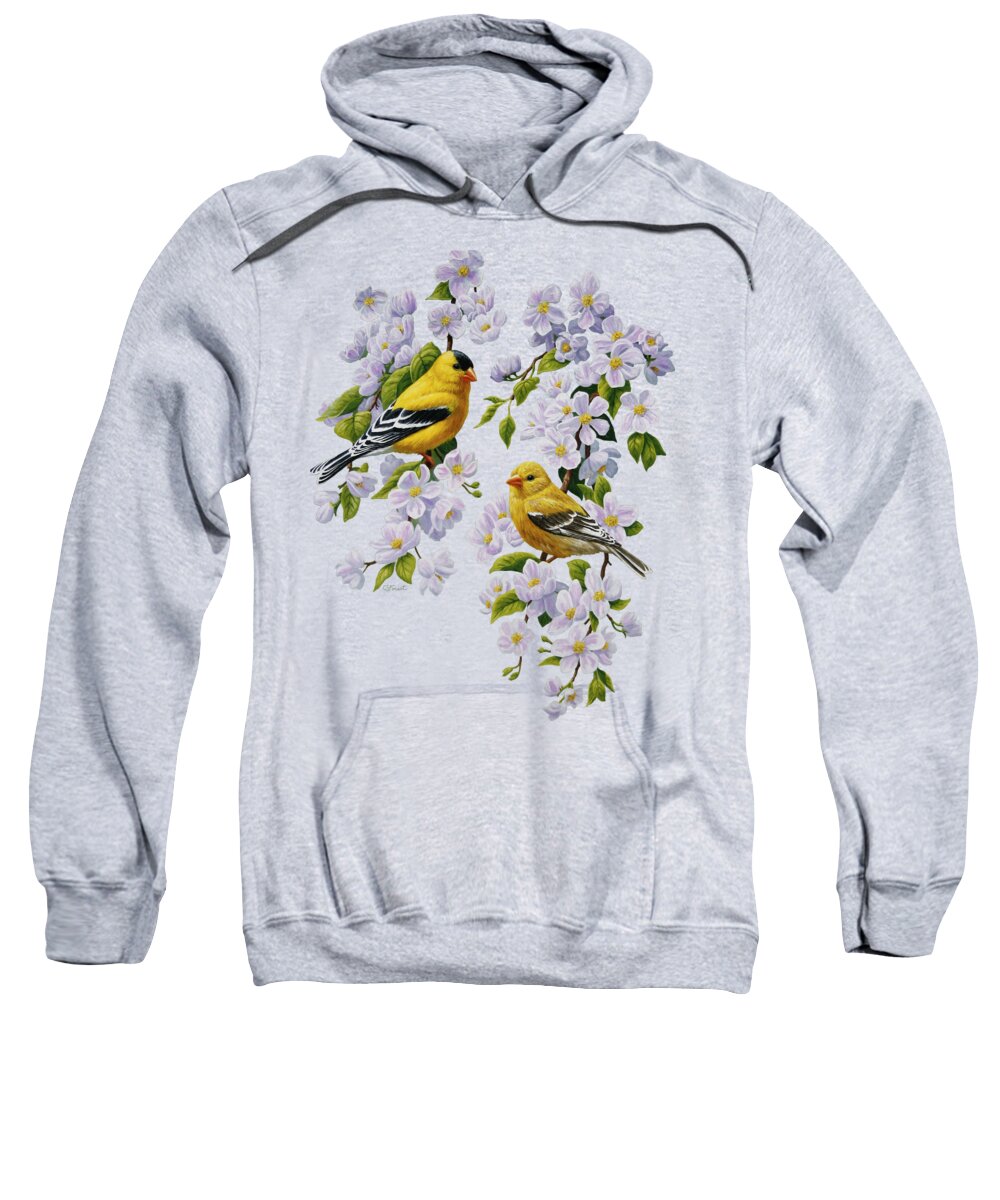Bird Sweatshirt featuring the painting American Goldfinches and Apple Blossoms by Crista Forest