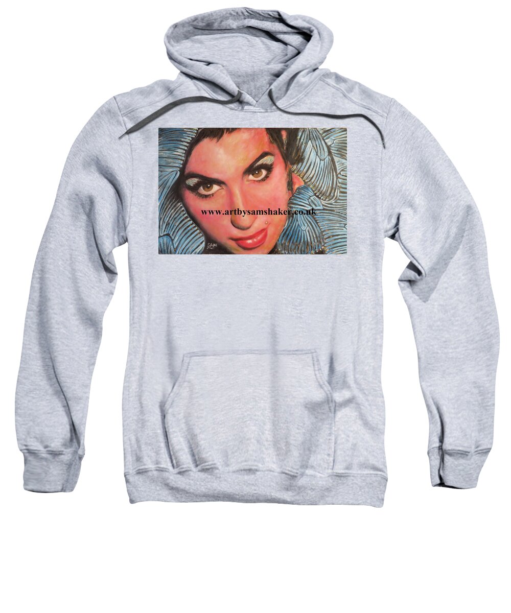 Amy Winehouse Sweatshirt featuring the painting Amy surrounded by blue butterflies by Sam Shaker