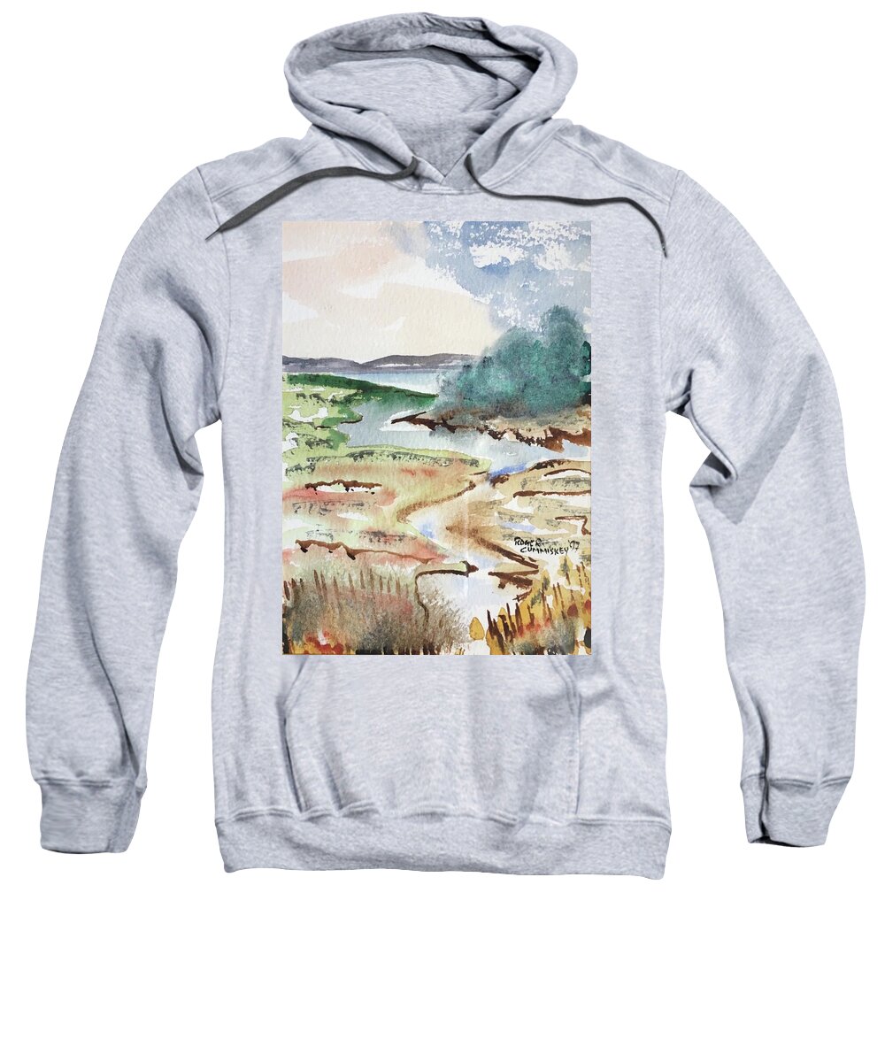 Landscape Sweatshirt featuring the painting And Still Runs the River by Roger Cummiskey