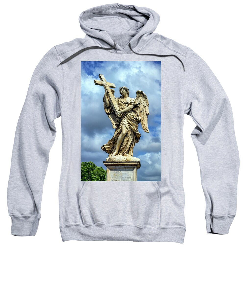 Statue Sweatshirt featuring the photograph Angel with the Cross statue on the Ponte Sant' Angelo bridge, Rome, Italy by Elenarts - Elena Duvernay photo