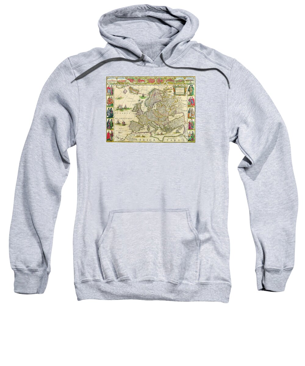 Antique Sweatshirt featuring the painting Antique Maps of the World Map of Europe Willem Blaeu c 1650 by Vintage Collectables