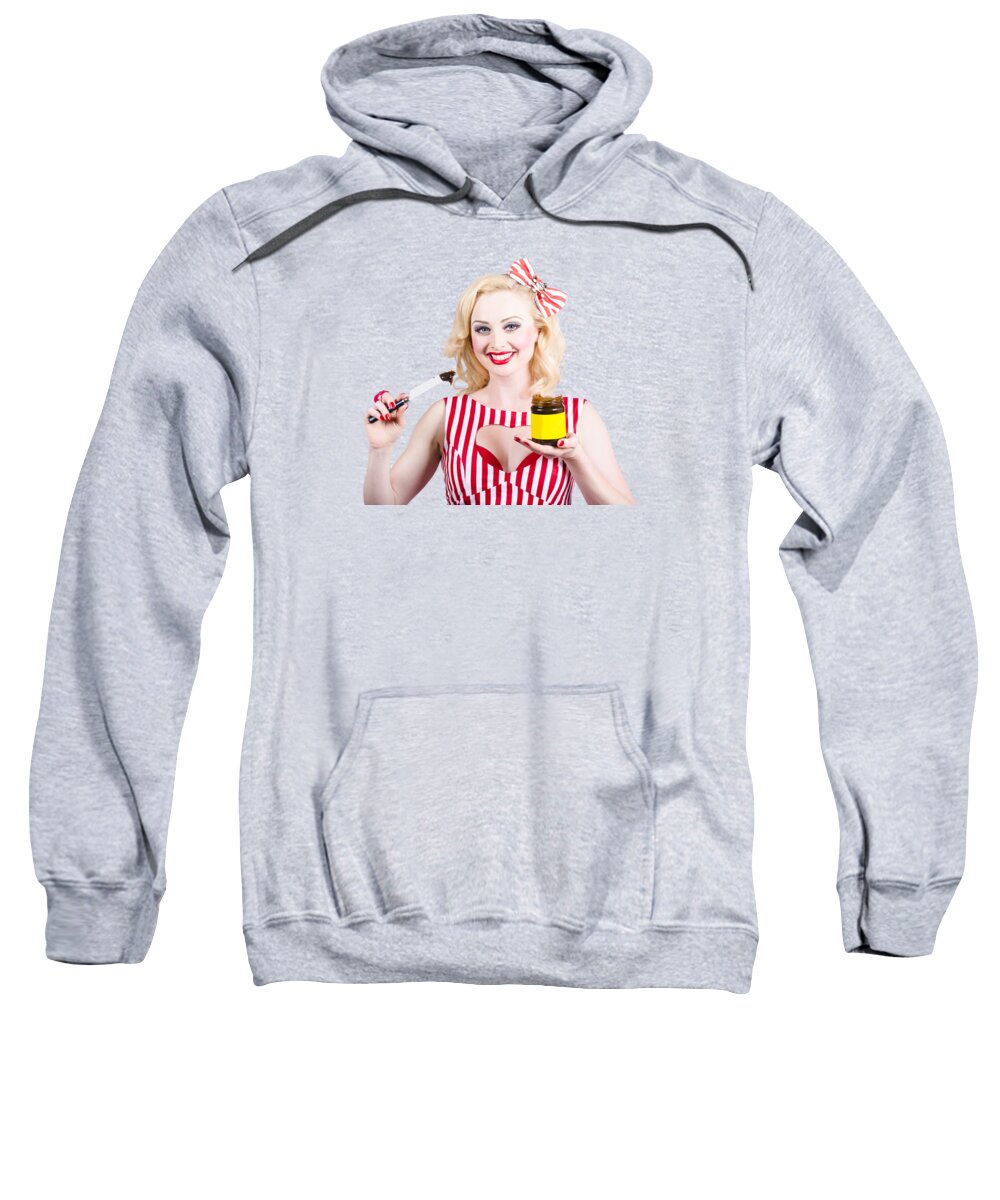 Kitchen Sweatshirt featuring the photograph Australian pinup woman holding sandwich spread by Jorgo Photography