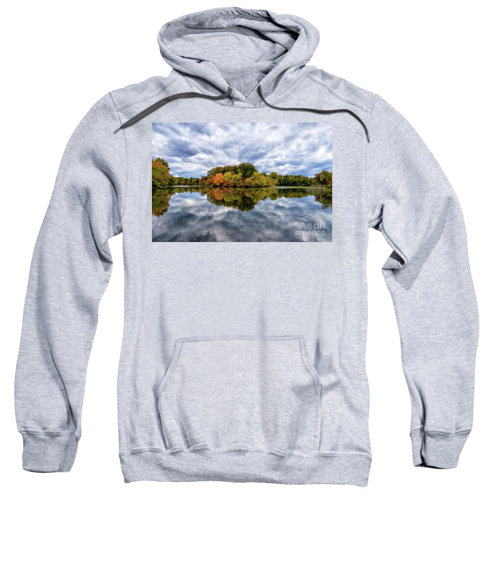 Autumn Sweatshirt featuring the photograph Stormy Autumn Reflections on Pond Rural Landscape Photograph by PIPA Fine Art - Simply Solid