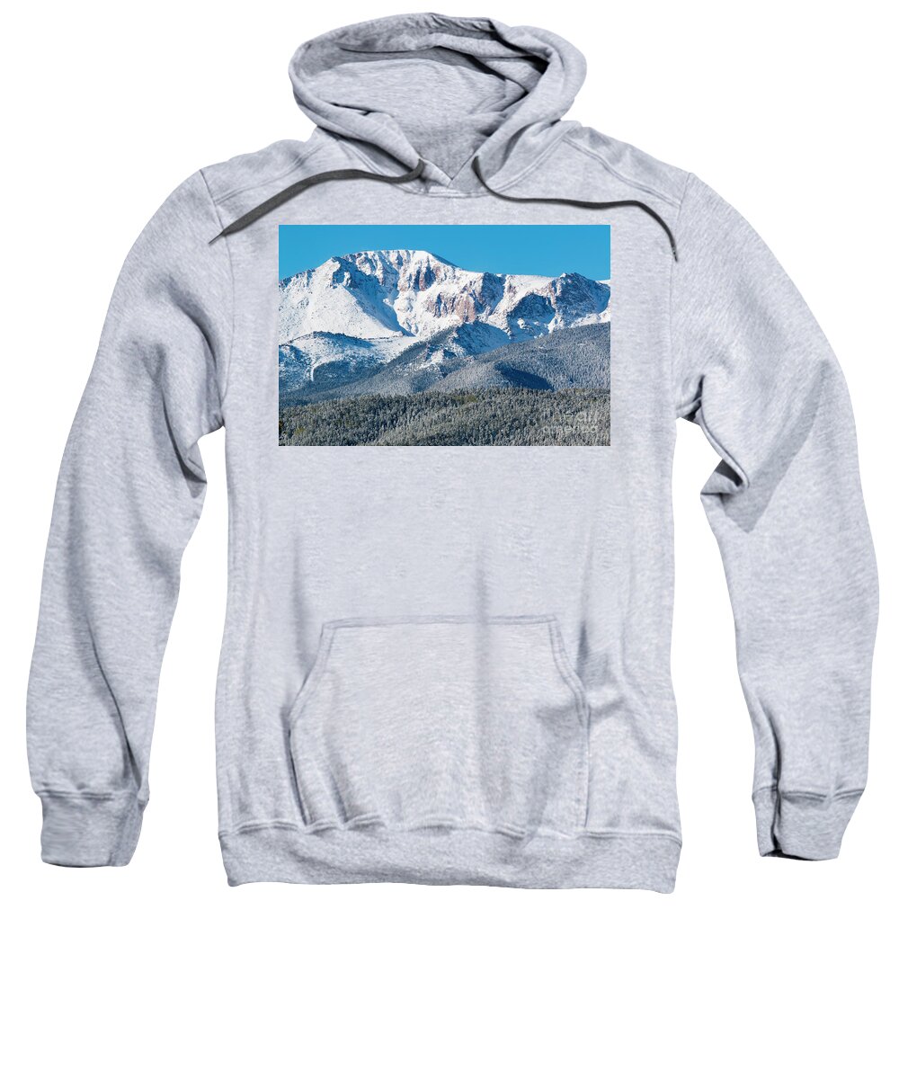Pikes Peak Sweatshirt featuring the photograph Beautiful Spring Snow on Pikes Peak Colorado by Steven Krull
