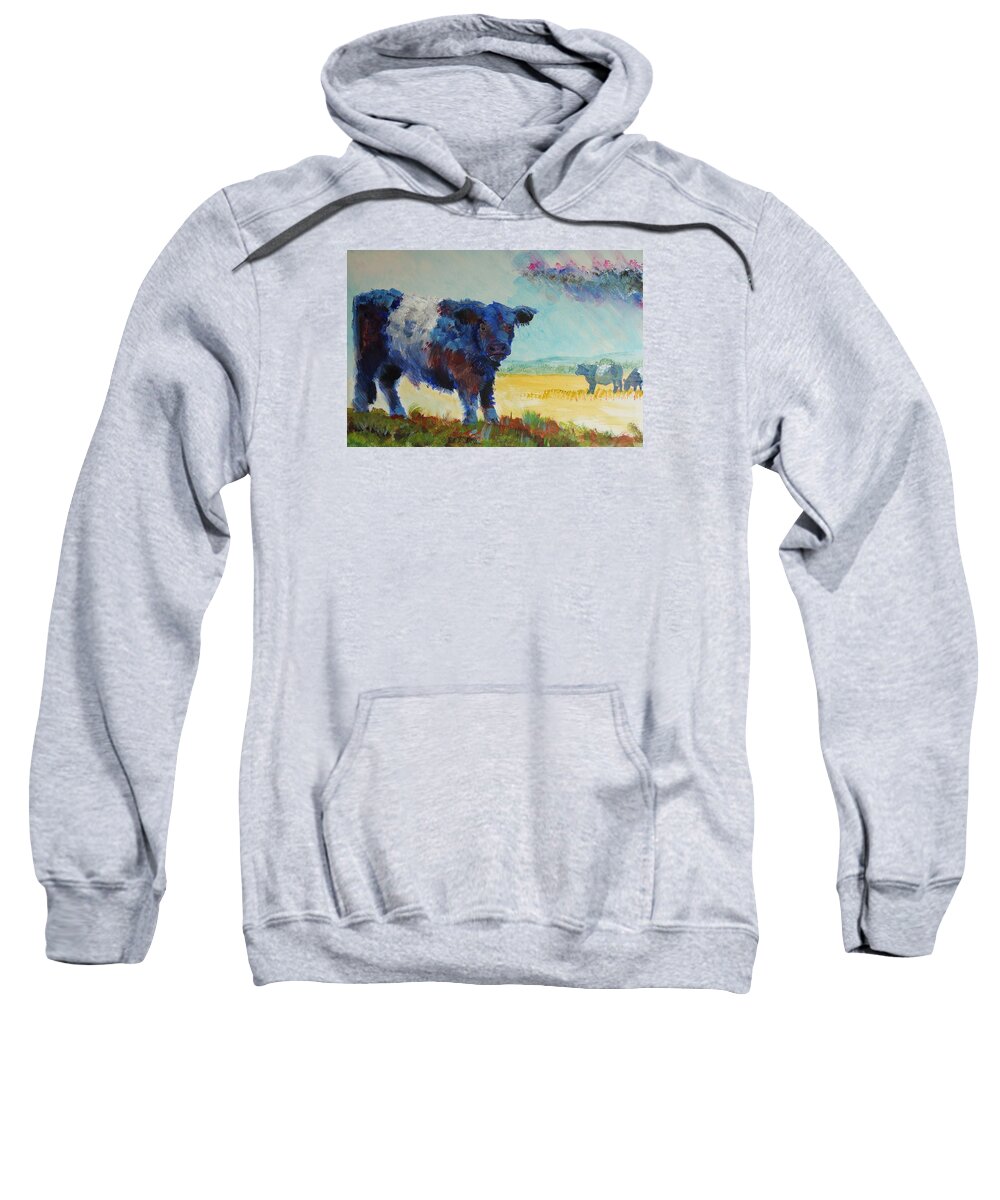 Belted Galloway Cows Sweatshirt featuring the painting Belted Galloway Cows Painting - About To Rain by Mike Jory