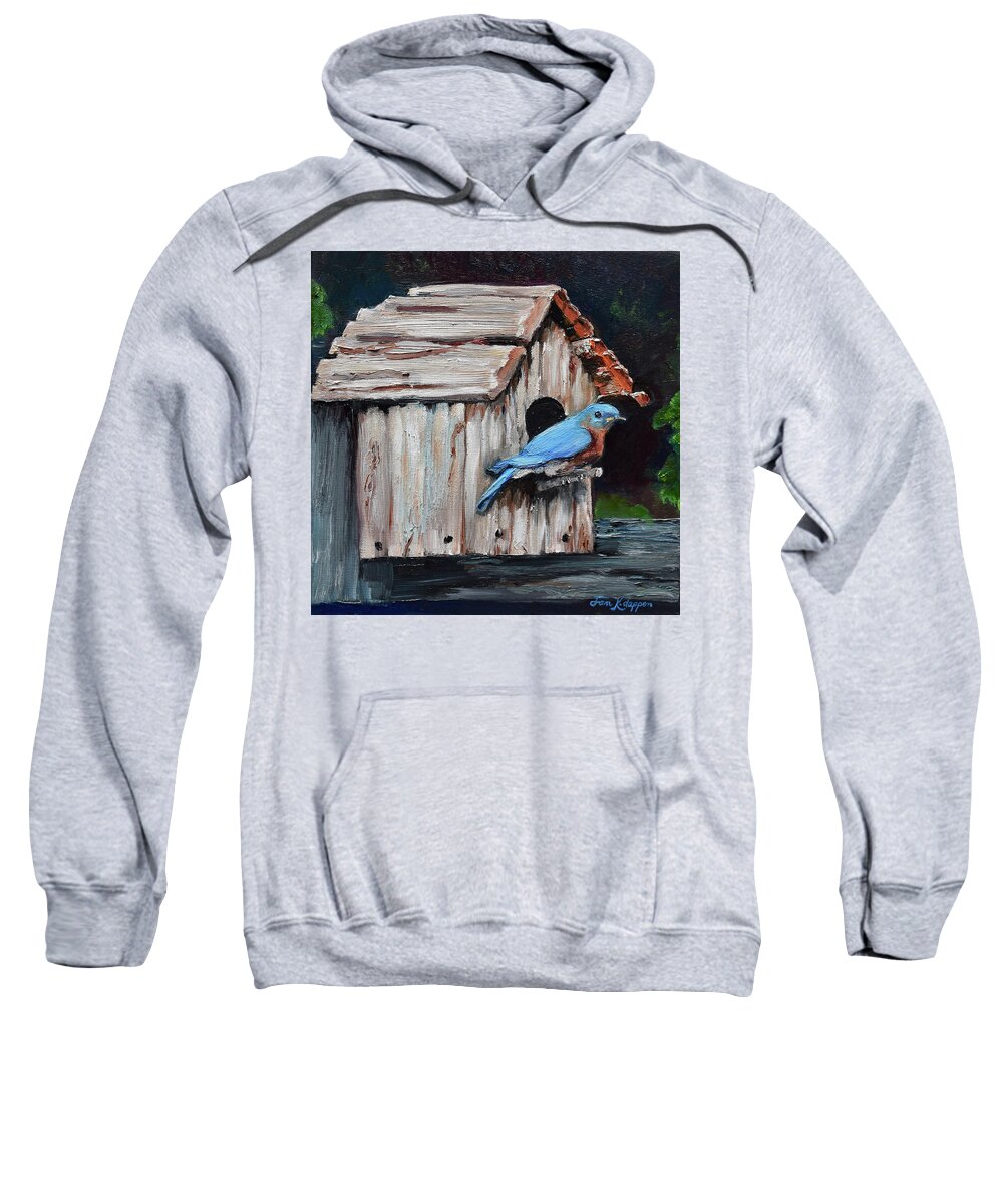Blue Bird House Sweatshirt featuring the painting Blue Bird on Lake Odom by Jan Dappen