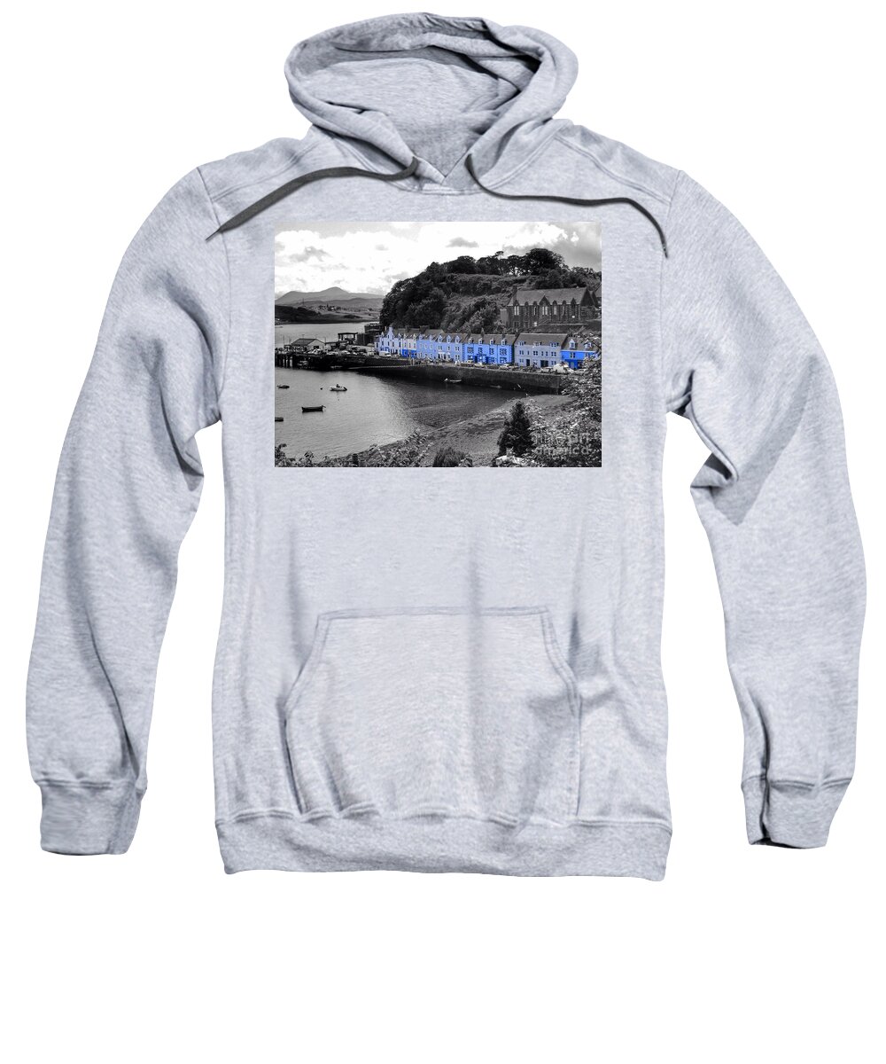 Portree Sweatshirt featuring the photograph Blue Cottages at Portree Harbour 5 by Joan-Violet Stretch