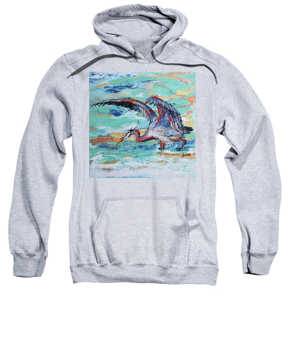 Great Blue Heron Sweatshirt featuring the painting Blue Heron Hunting by Jyotika Shroff