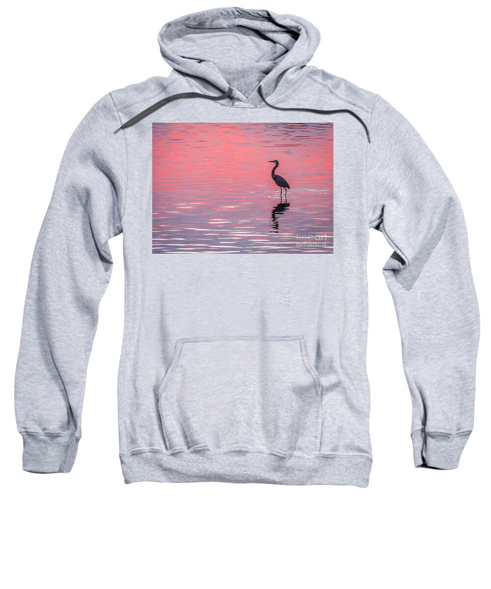 Blue Heron Sweatshirt featuring the photograph Blue Heron - Pink Water by Tom Claud