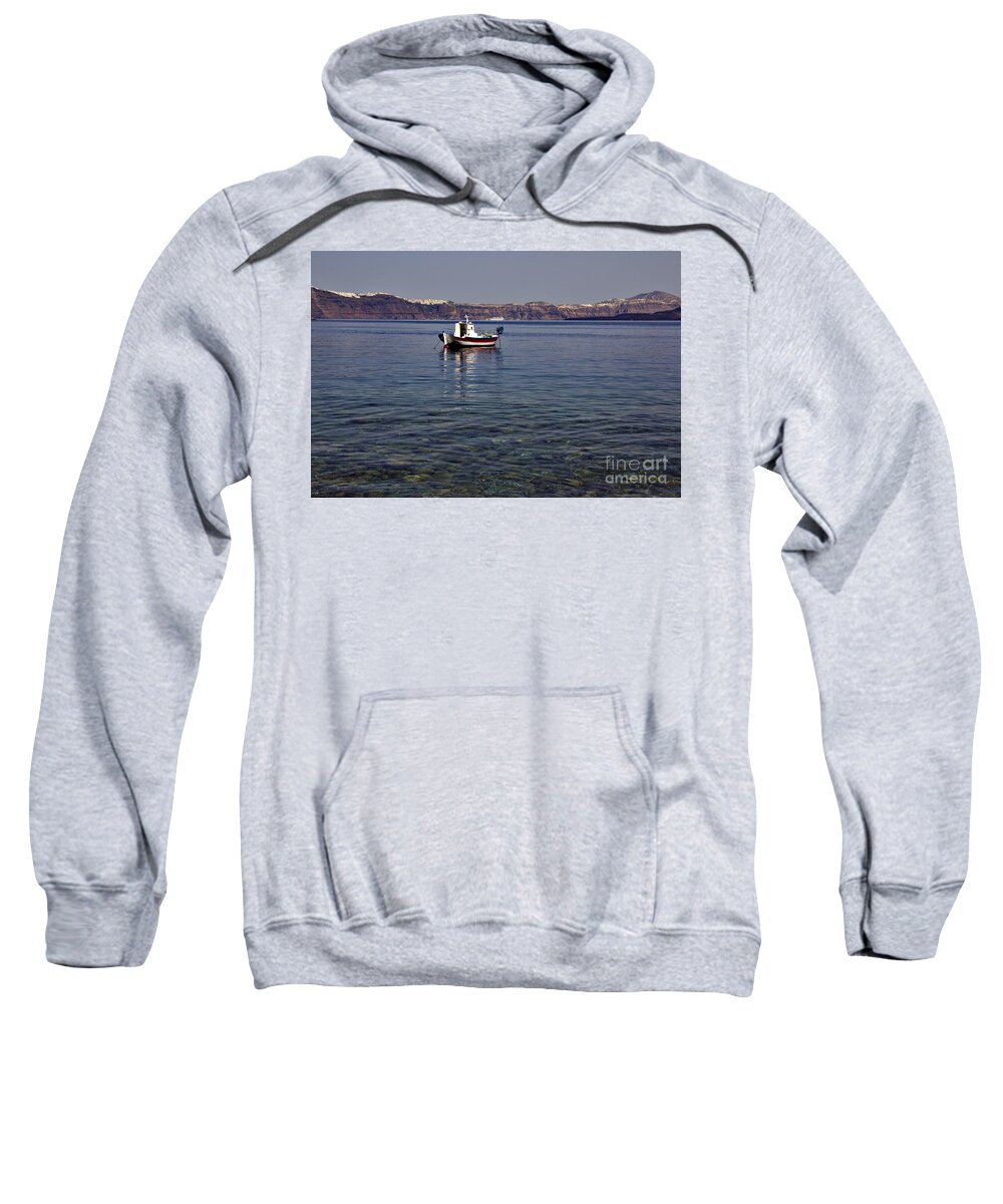 Santorini Sweatshirt featuring the photograph Boat in a Caldera by Jeremy Hayden