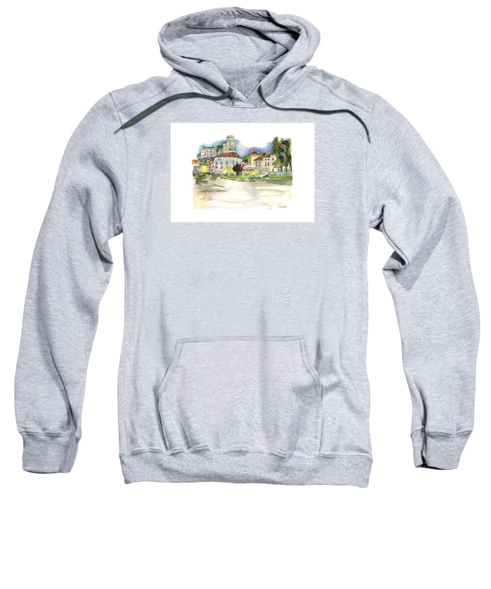 French Countryside Sweatshirt featuring the painting Bourdeilles, on the River Dronne, Dordogne by Joan Cordell