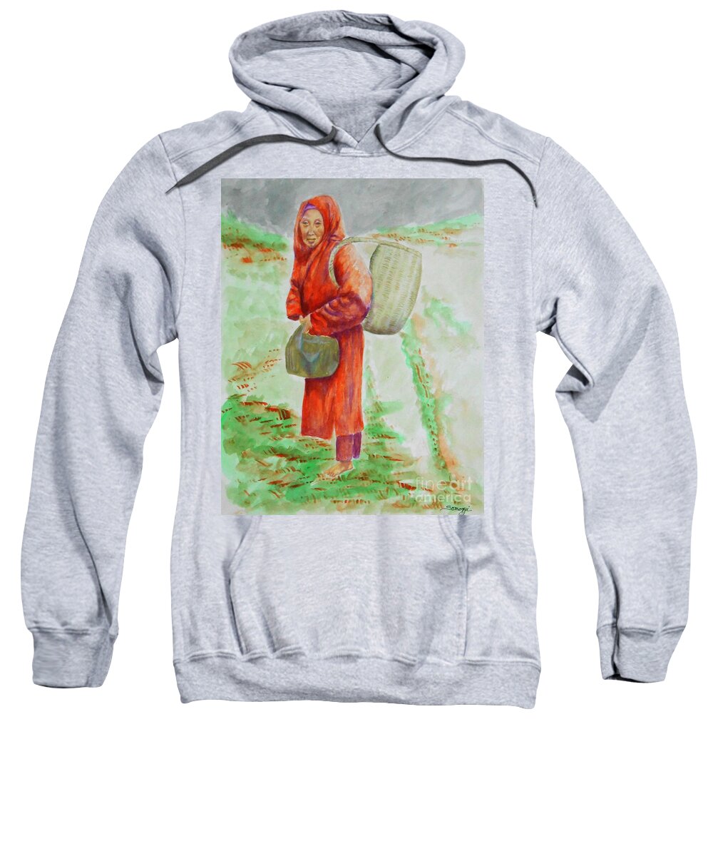 Asian Sweatshirt featuring the painting Bundled and Barefoot -- Portrait of Old Asian Woman Outdoors by Jayne Somogy