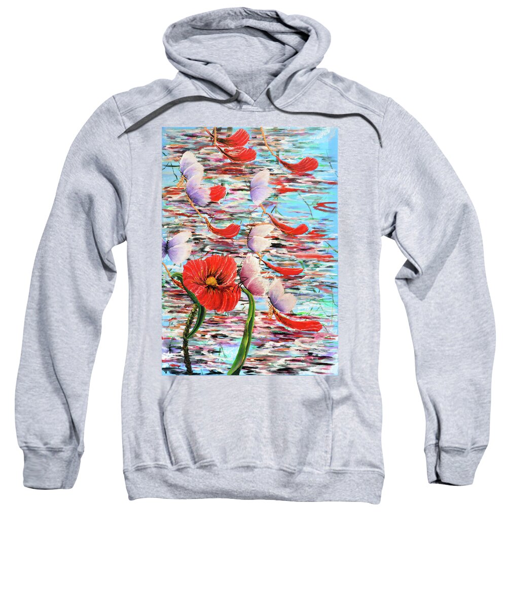 Acrylic Oil Mixed Media Art Abstract  Colorful Beautiful Water Reflections Pond River Butterfly Red Green Blue Poppy Leaf Leafs Swim Swimming Flying Chains Golden Flying Float Floating Sweatshirt featuring the painting Butterfly River by Medea Ioseliani