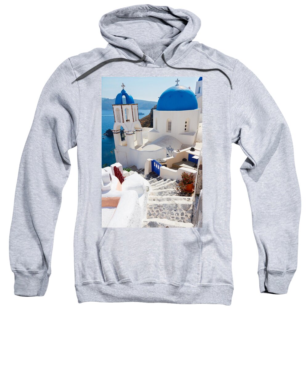 Santorini Sweatshirt featuring the photograph Caldera with Stairs and Church at Santorini by Anastasy Yarmolovich
