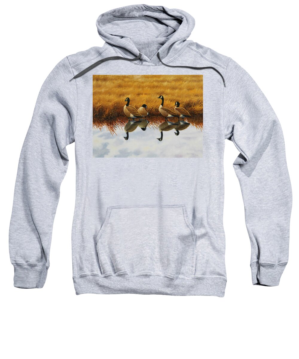 Canada Geese Sweatshirt featuring the painting Calm Creek Canada Geese by Guy Crittenden