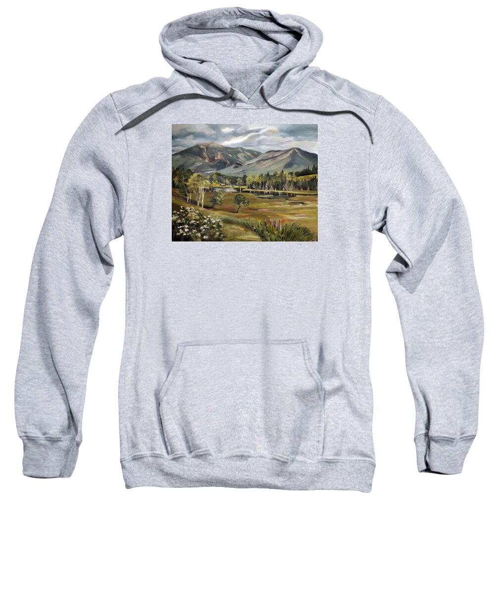 Cannon Mountain Sweatshirt featuring the painting Cannon Mountain from Sugar Hill New Hampshire by Nancy Griswold